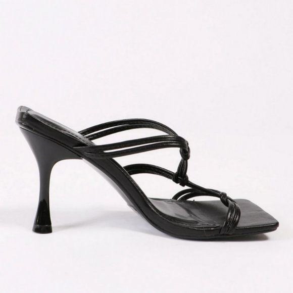 Black Square Toe Strappy Kitten Heel Mules - Picture 3 of 5